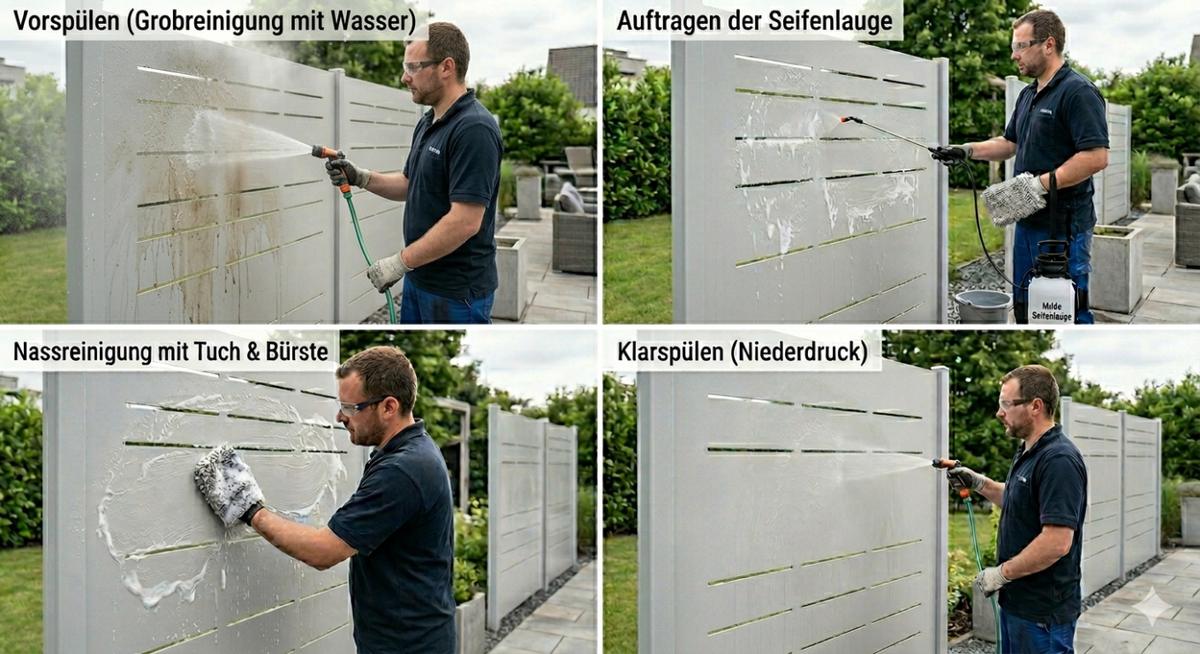 Vier Schritte der Reinigung: Grobschmutz abspülen, Reinigungsmittel auftragen, mit weichem Tuch wischen, klar nachspülen